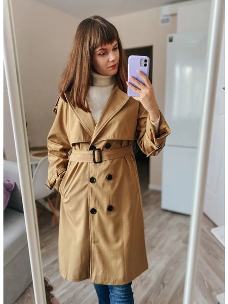 Fitaylor Spring Autumn Casual Women Double Breasted Solid Trench Office Lady Lapel Long Coat With Belt 240704