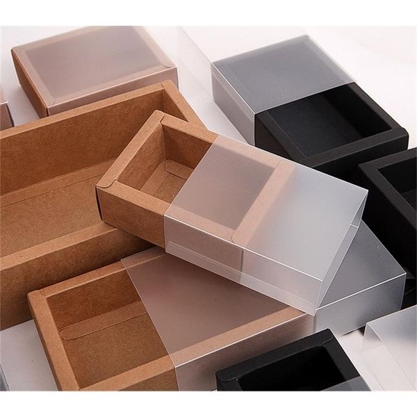 Gift Wrap 10pcs Kraft Paper Packing Box With Transparent PVC Window Black Delicate Drawer Display Gift Box Wedding Cookie Candy Cake Boxes 2