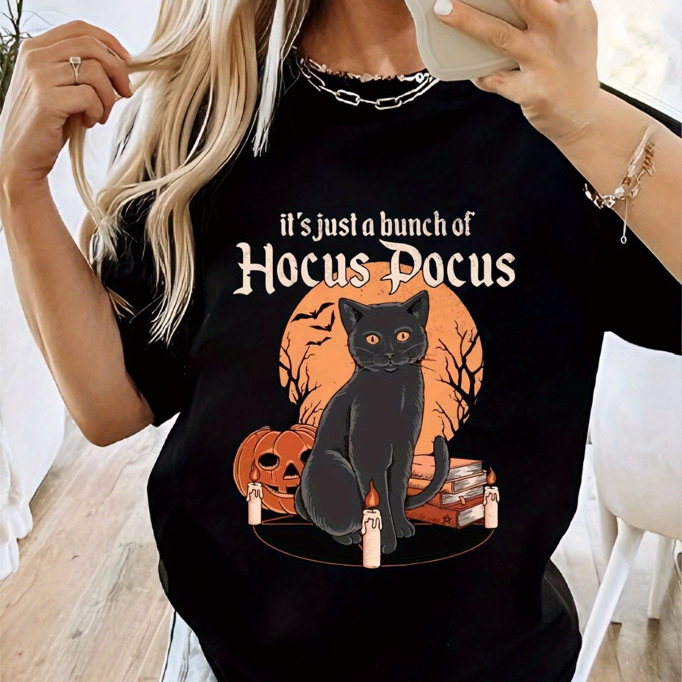 TEMU Halloween Pumpkin And Cat Print T-shirt, Casual Crew Neck Short Sleeve Top For Spring And Summer, Women's Apparel