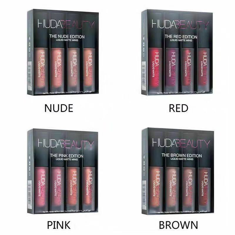 Lip Gloss HUDA BEAUTY 4 PCS-Set Four Colors Matte Waterproof Non-stick Non-fading Lipsticks Makeup Women Cosmetic Lip Care Wholesale
