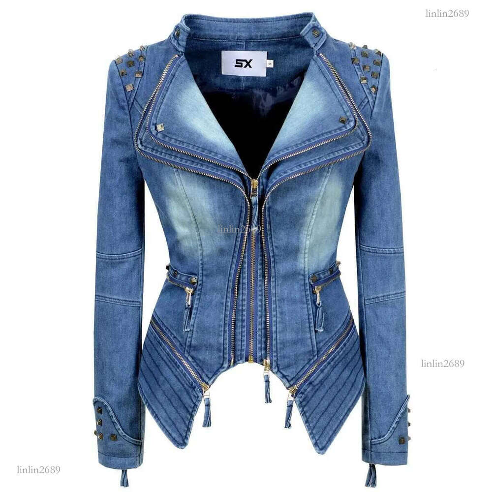 Plus Size Punk Rivet Short Denim slim Jackets Women Wash Long Sleeve Vintage Casual Studs Jean Outerwear Lapel Bomber Slim CoatX240920