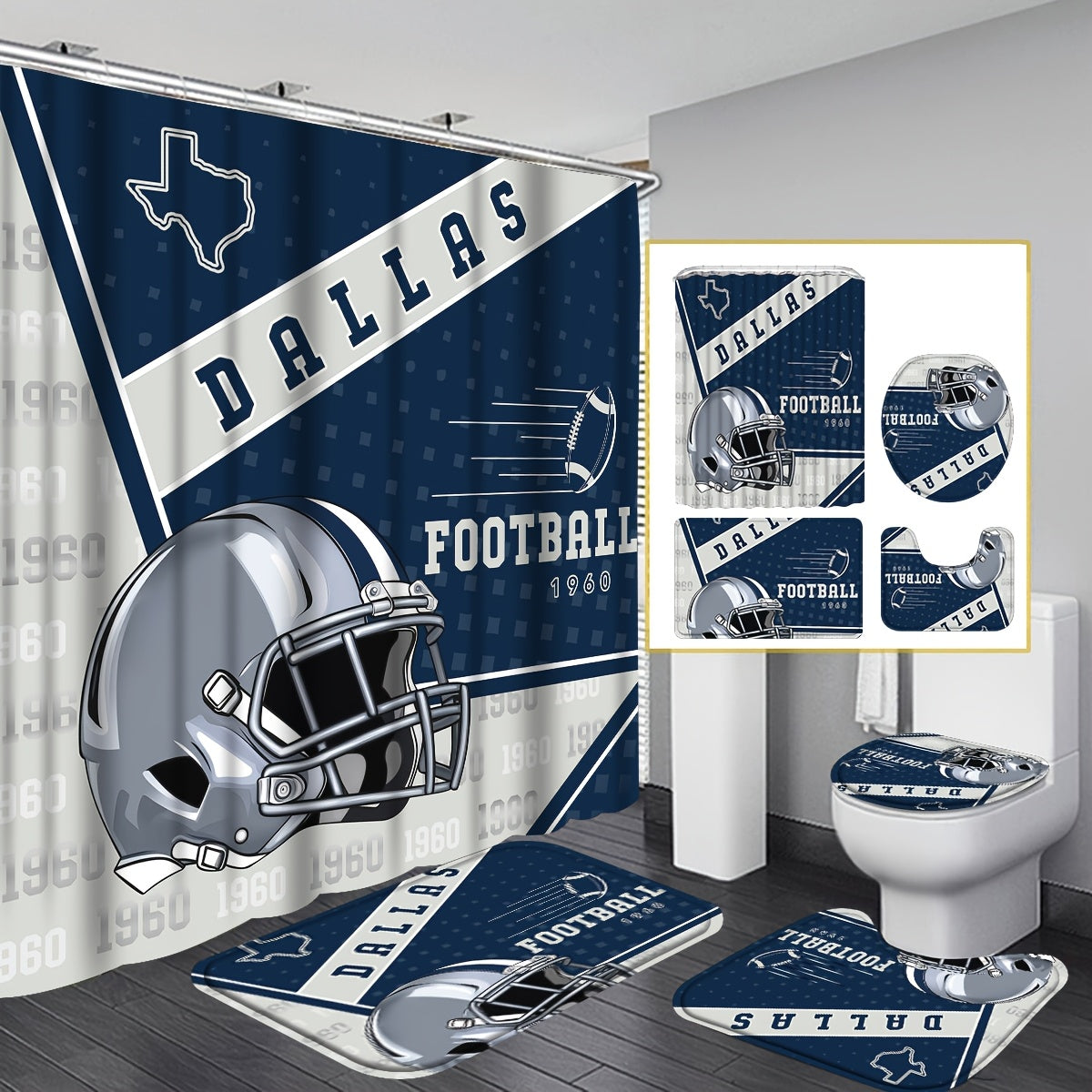 TEMU 4pcs Football Helmet Shower Curtain - Dallas Team Gift Bath Curtain- Machine Washable Bath Drape With Hooks, Football Helmet-printed Accessory
