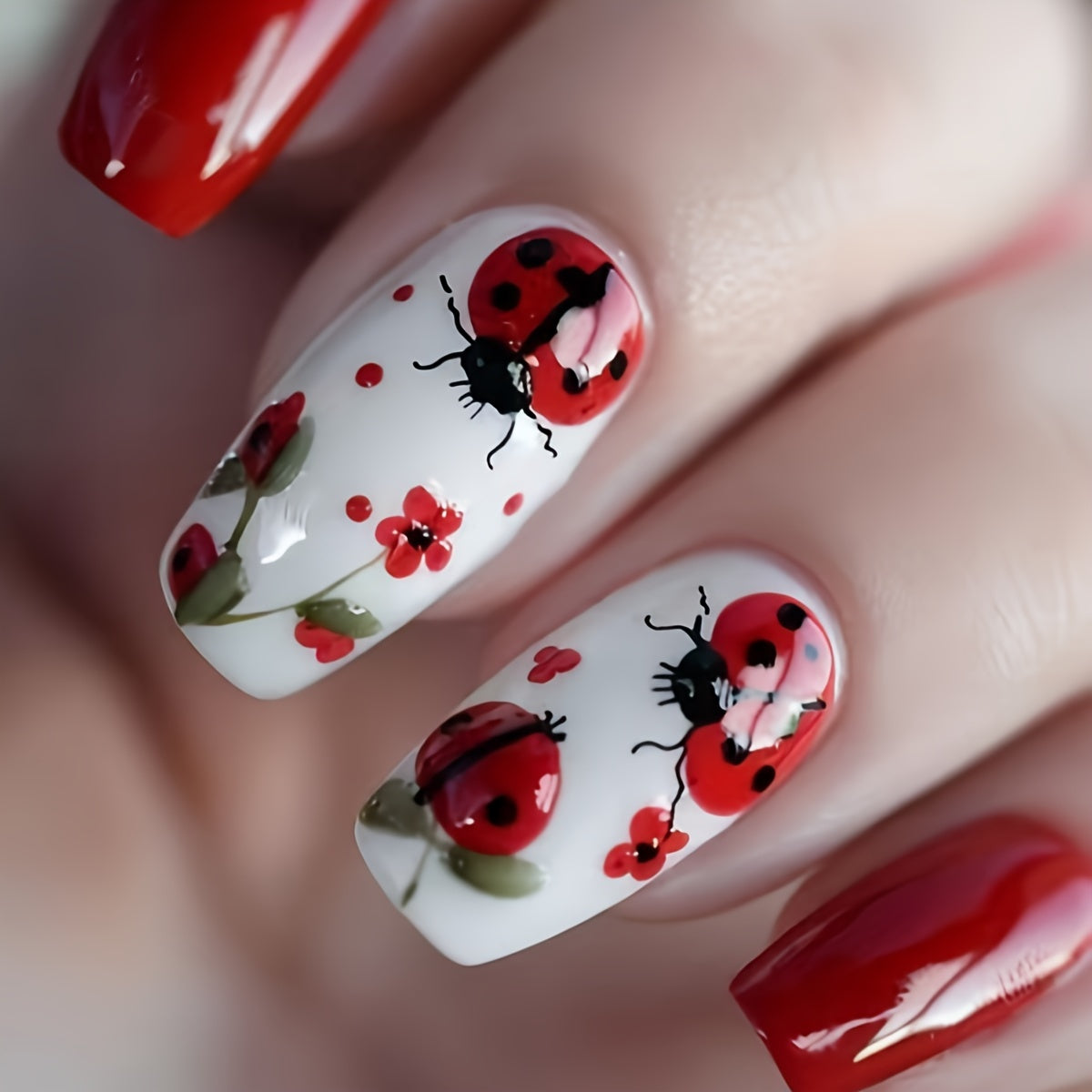 TEMU 24pcs Of Wearable Armor Ladybug French False Nails In Solid Colors, Removable Press-on Nail Art Featuring Cartoon Ladybugs, With A Glossy Finish