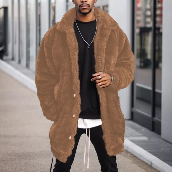 Winter Men Fluffy Fleece Thick Warm Coat Jacket Long Sleeve Hooded Plush Buttons Clre Thicken Outerwear 241225