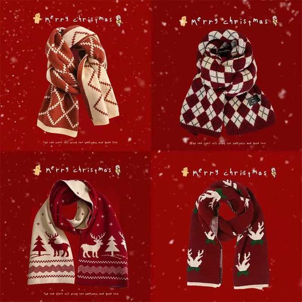 Fashionable Christmas style red element scarf suitable for trend knitting student couples warm scarf shawl clothing accessories gifts X24101