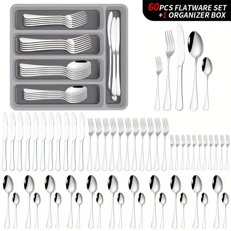 TEMU 60pcs Large Stainless Steel Cutlery Set With Organizer Box - 12-setting (12 People) Heavy-duty Utensils, Dishwasher & Microwave Safe,