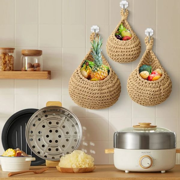 1pc Vegetable Fruit Basket Organizer HandWoven Wall Mounted Teardrop Mesh Pocket Plants Flowers Kitchen Garden Decoration 250102