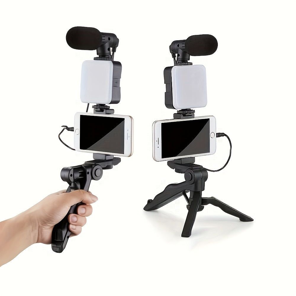 TEMU Mobile Phone Camera Stand With Rotatable Led Fill Light, Mini Short Gun Microphone, Mobile Phone Stand And Foldable Tripod, Handheld Selfie ,