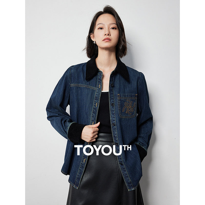 TOYOUTH Women Denim Jacket 2024 Autumn New Spliced Letter Embroidered Pure Cotton Outwear Coat