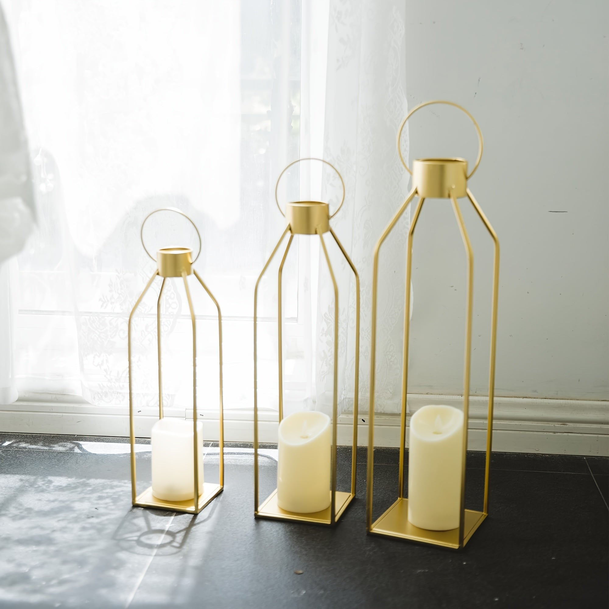 TEMU Set Of 3 Lanterns - Golden Metal Decorative Candle Holders For Porch, Patio & Fireplace, Rustic Chandelier Style Outdoor-indoor Decor (matte