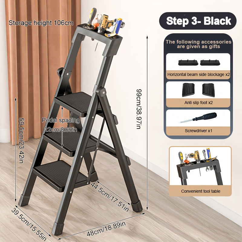 TEMU 3-4 Step Ladder - Heavy-duty Steel Folding Step Stool With Non-slip Pedals, Lightweight Portable Design & Tool Shelf - Compact Foldable Ladder