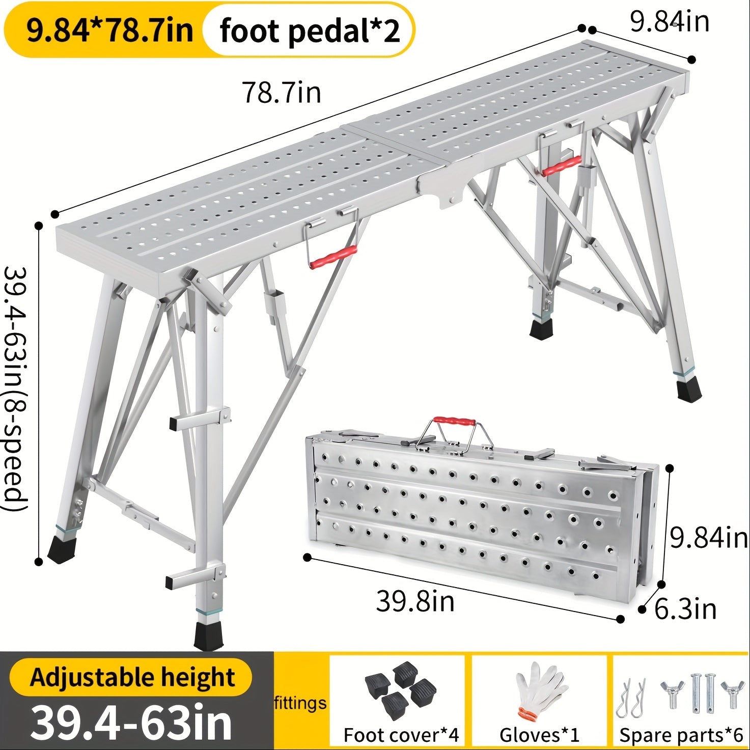TEMU Heavy-duty Steel Adjustable Height Work Platform - 800 Lbs Capacity Portable Folding Scaffolding Ladder With Non-slip Surface, 79"l X10"w