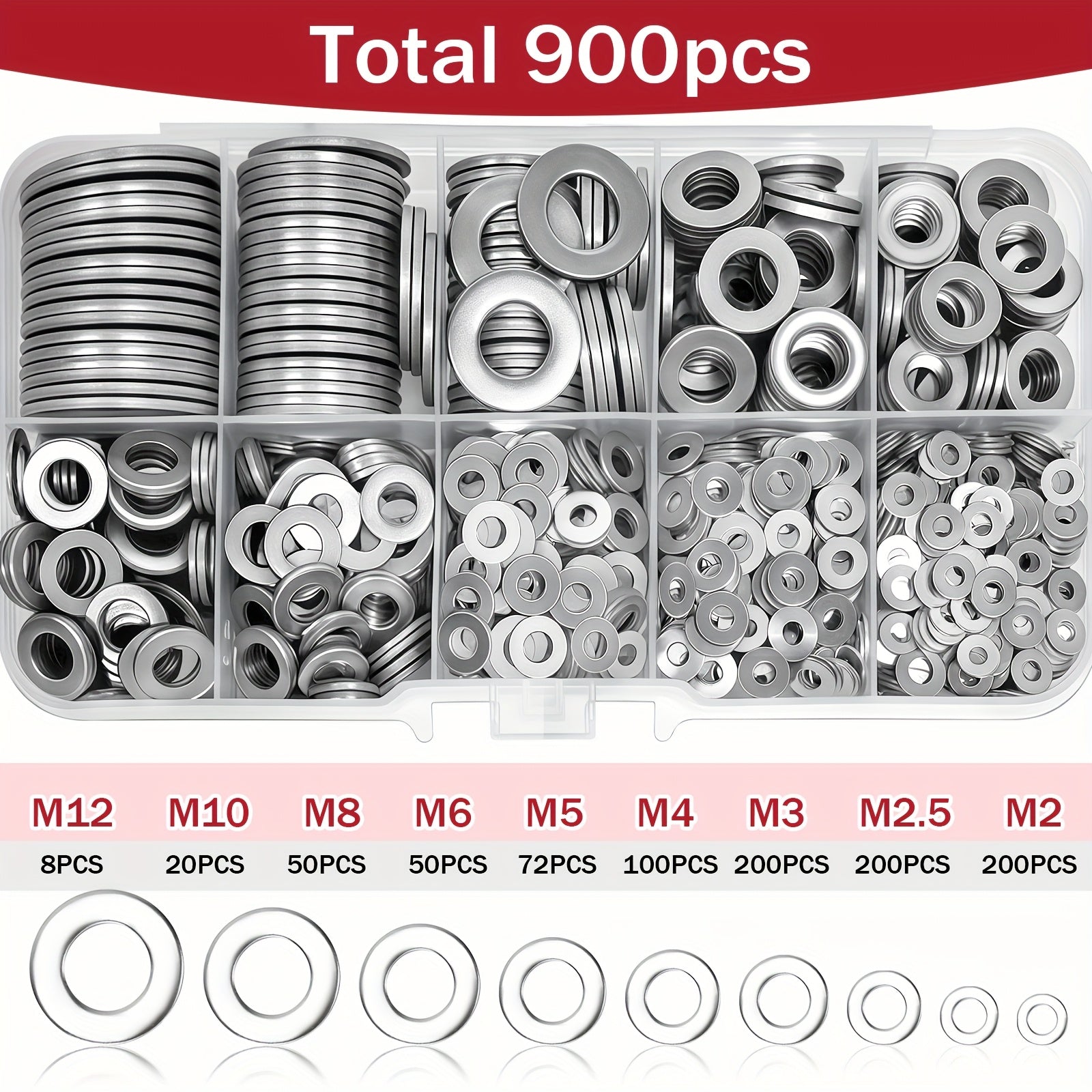 TEMU 900pcs 304 Stainless Steel Washer Set, Durable Material, Polished Finish, O-ring Fastener Spacer Set With Box, Includes 9 Sizes (m2-m12),