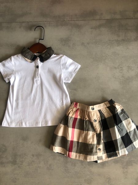 Hot Selling childrens Cotton Polo shirts Plaid Skirts 2in Clothes Sets Baby&Kids Clothing Spring & summer classic clothing Tops &Tees Girls