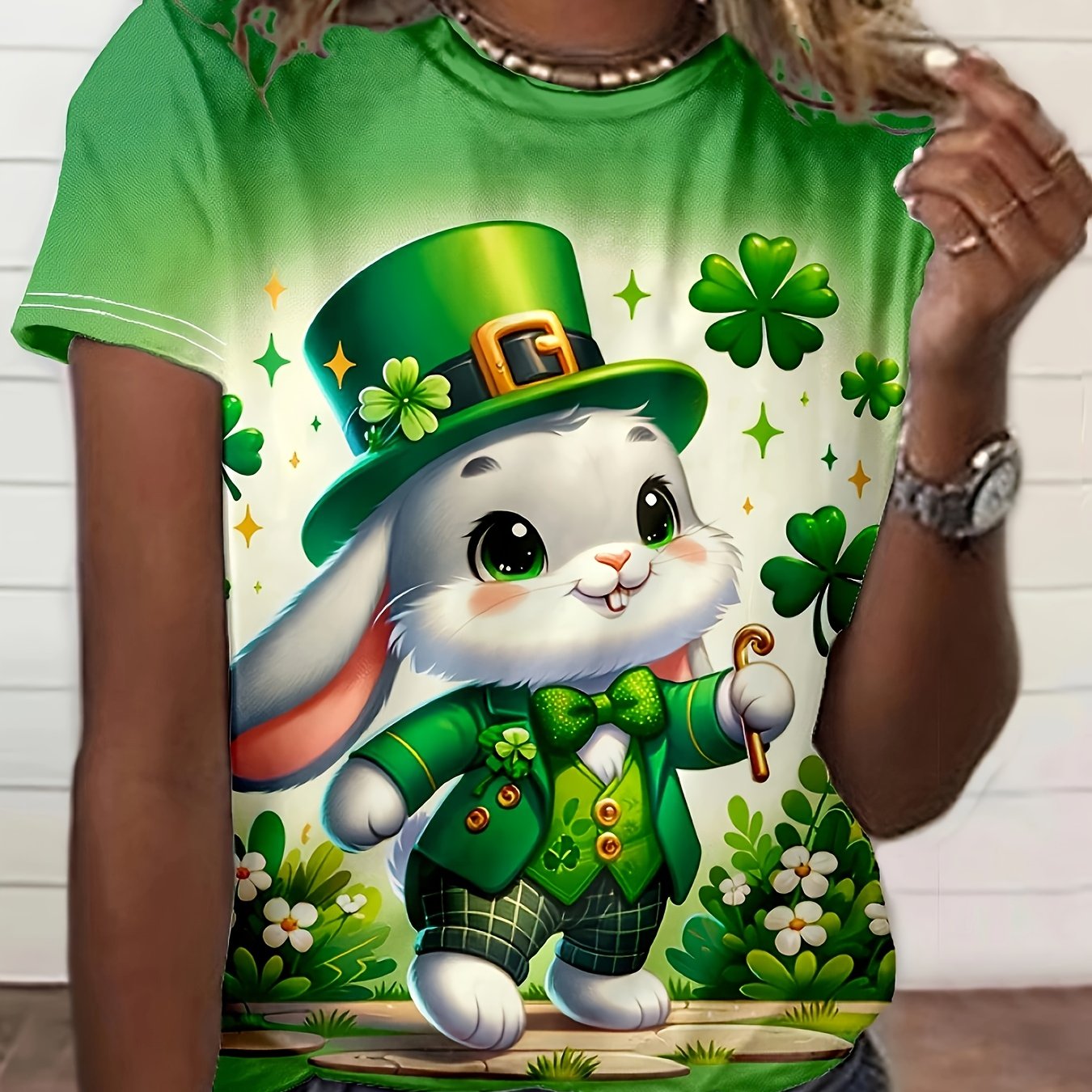 TEMU 's Day Women's Graphic T-shirt - Cute Cartoon Rabbit Hat & Shamrock Print, Short Sleeve Crew Neck Casual Top, Breathable Summer Tee For Spring &