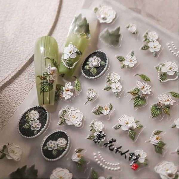 White Camellia Pearl 5D Embossed Reliefs Self Adhesive Nail Art Stickers Jasmine Peach Blossom 3D Manicure Decals WholesaleXJ250120