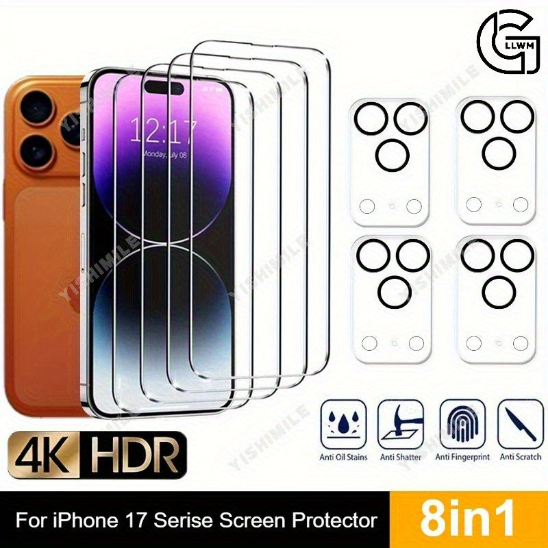 TEMU Set Of 4 Hd Tempered Glass Screen Protectors And 4 Camera Lens Protectors, Compatible With For Iphone 16, 17 Pro Max, 16 Plus, And 16e, 17 Air.