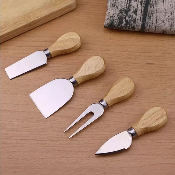 Cheese Tools Cheese Knives Board Set Oak Handle Butter Fork Spreader Knife Kit Kitchen Cooking Useful Accessories 4pcs-sets