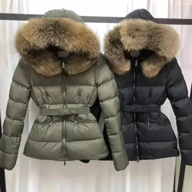 Designer Winter Women&#039;s down Jacket Fox Fur collar Embroidered Boed badge Warm Fashion Jacket with Belt Women&#039;s cotton coat with large poc