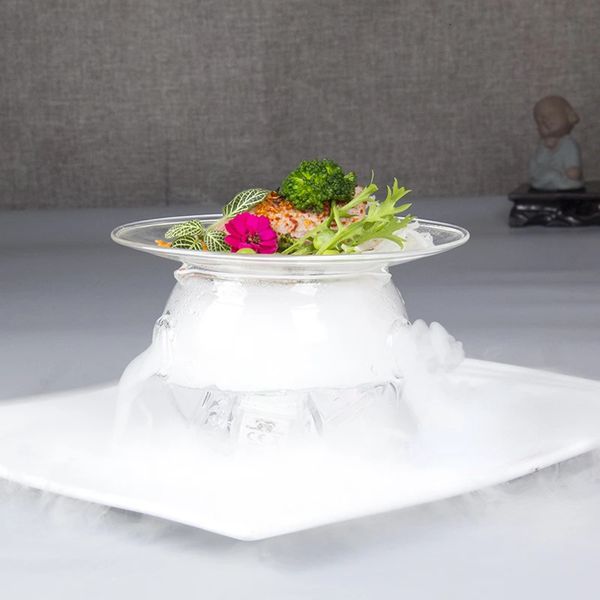 Dry Ice Glass Tray With 3 Holes Creative Kitchen Tableware Cooking Hollowware Artistic Conception Dishes Plates Fruit Salad Bowl 240711