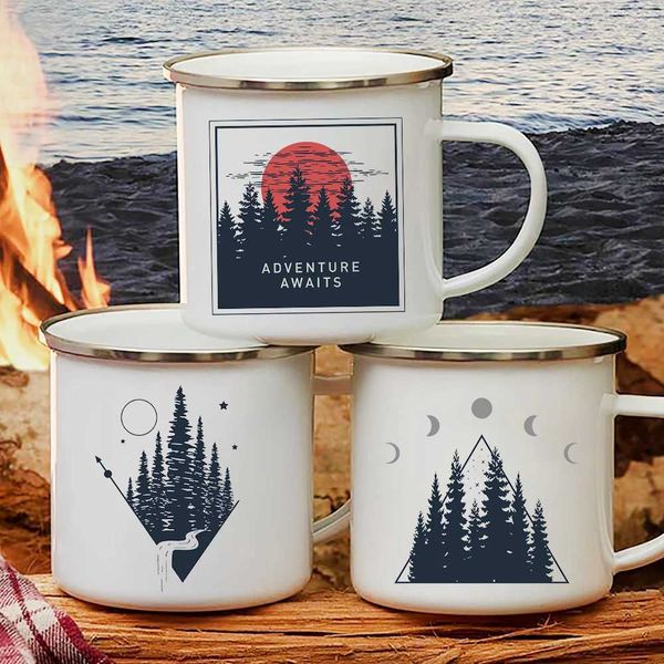 Sunset Forest Creek Creative Enamel Coffee Mugs Outdoor Travel Water Cups Camping Bonfire Party Beer Drink Milk Mug Best Gifts Y240813