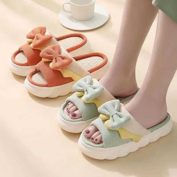 Butterfly knot linen slider suitable for womens newly arrived anti-skid indoor cute couple slider open toe home sandals CL240828