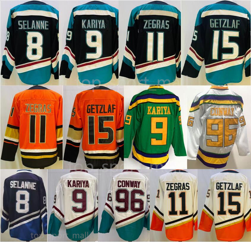 Mighty 11 Trevor Zegras Jerseys Hockey 15 Ryan Getzlaf 8 Teemu Selanne 9 Paul Kariya 96 Charlie Conway Team White Orange Black Movie Green 1993 Vint
