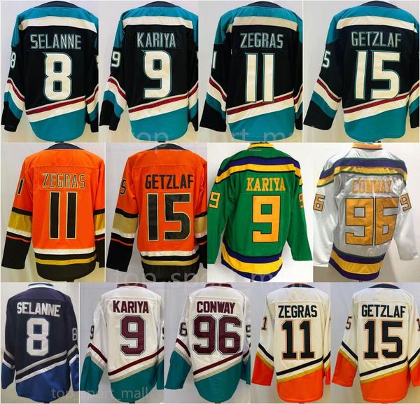 Mighty 11 Trevor Zegras Jerseys Hockey 15 Ryan Getzlaf 8 Teemu Selanne 9 Paul Kariya 96 Charlie Conway Team White Orange Black Movie Green 1