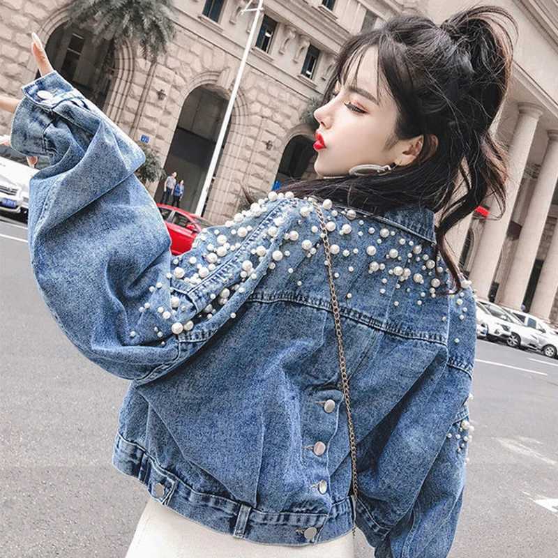 Rimocy Pearls Decorate Denim Jacket Women 2024 Autumn Turn Down Collar Loose Cropped Coat Woman Button Long Sleeve Jeans JacketsX240920