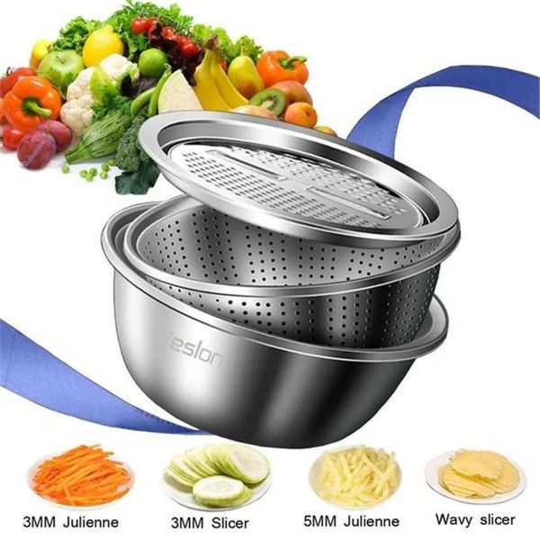 3 in 1 Vegetable Slicer Cutter Multifunctional Stainless Steel Basin Potato Graters Cheese Grater Drain 240527
