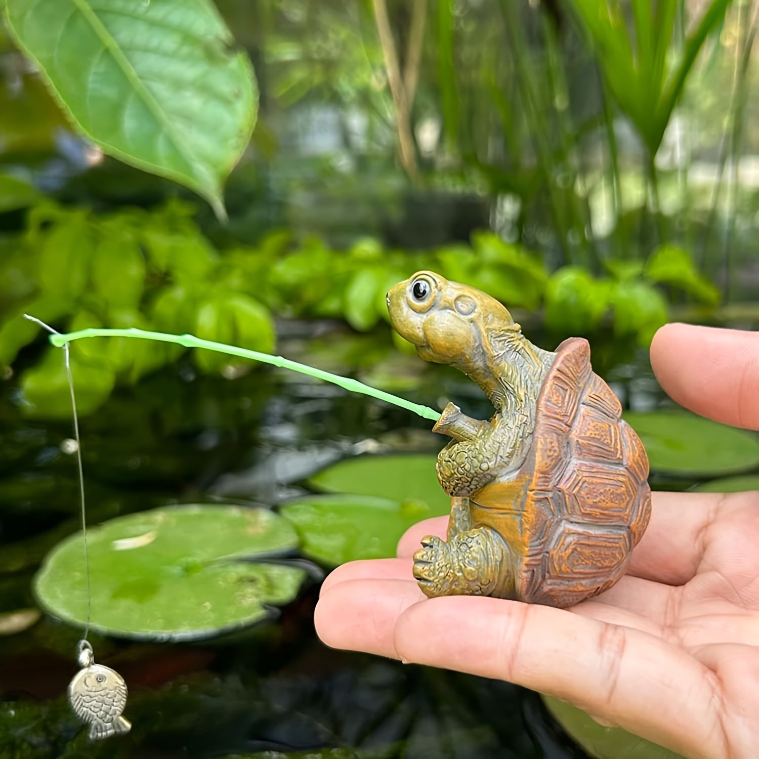 TEMU Fishing Turtle Figurine 2.4 Inch Cute Tortoise Resin Sculpture Handmade Crafts Tabletop Decor For Outdoor Patio Pool Decoration