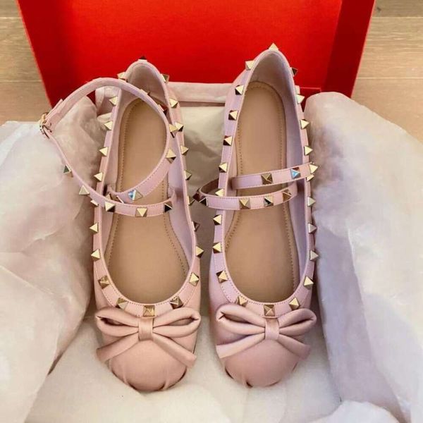 Valentines VT Satin V-buckle Ballet flats ballerinas with tone-on-tone studs Ballet Sole Riveted Flat Bow Women&#039;s Shoes Silk Cross Stra