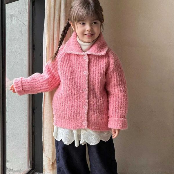 Children Clothing Korean Sle Solid Color Girls All Match Coat 2024 Winter New Girl Fashion Sweet Thick Sweater CardiganXJ241212
