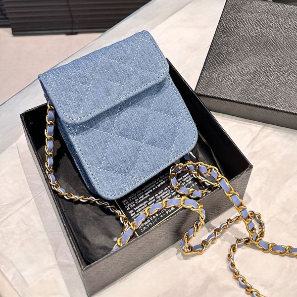 Women Designer Light Blue Denim Lipstick Bag Mini Flap Crossbody Coin Purse Gold Hardware Buckle Matelasse Chain Leisure Wallet Square Shoul