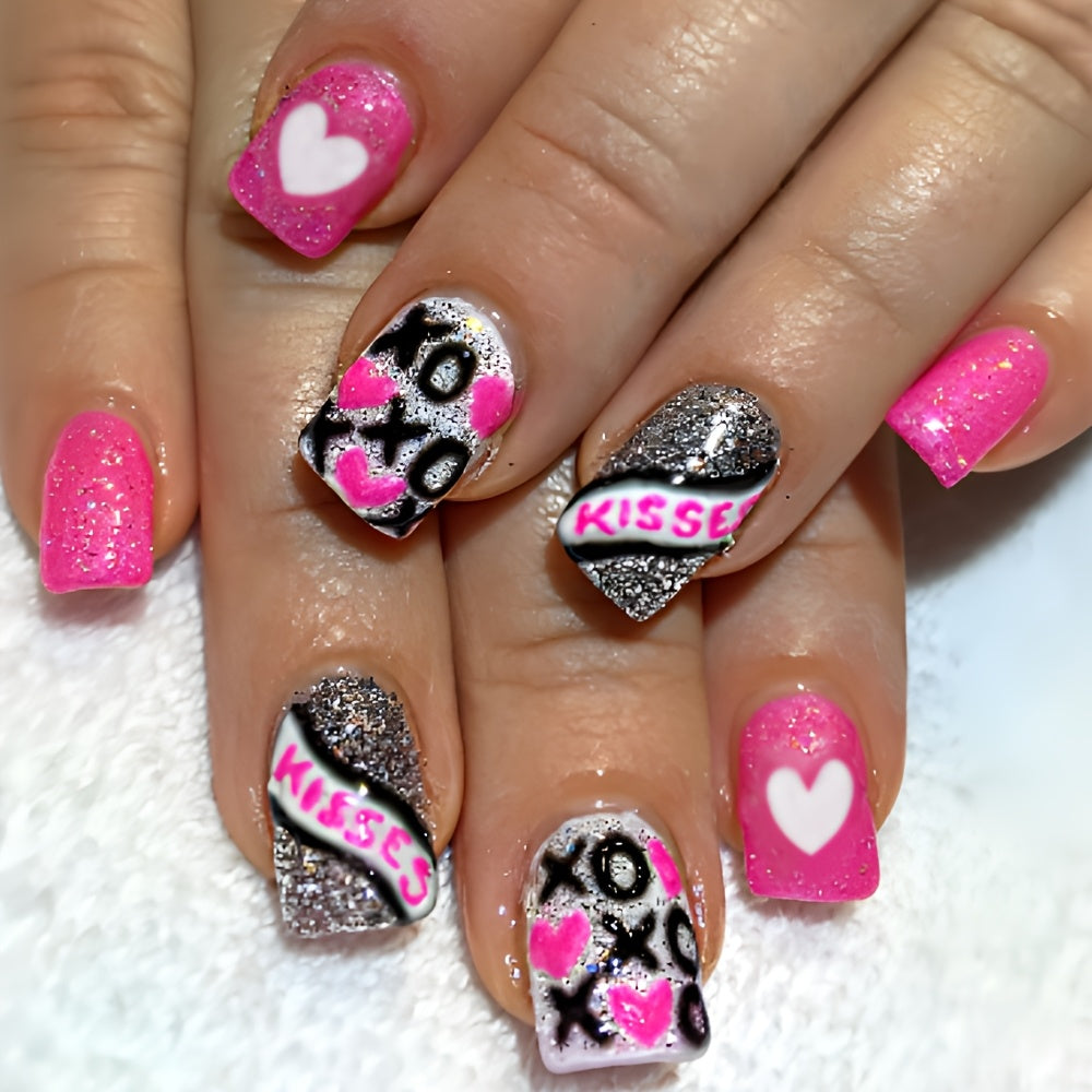 TEMU 24pcs Glittery Press-on Nails Set, Short Square Shape, Pink & Silvery Sparkle, Glossy Finish With Heart & Letter Patterns, Mixed For Girls &