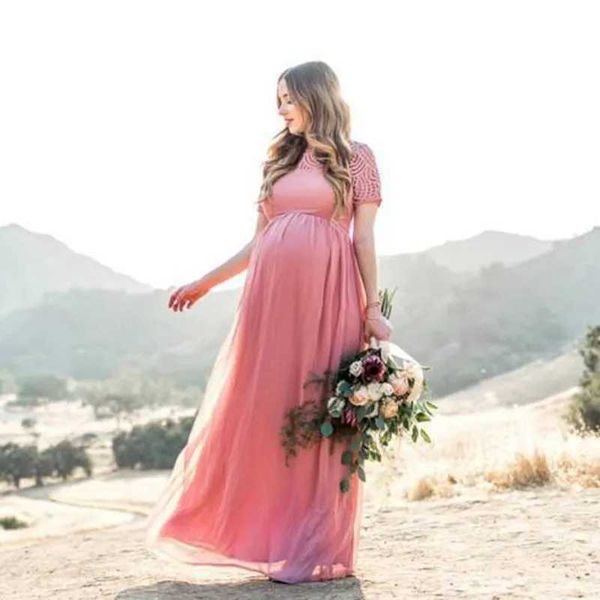 Short sleeved lace chiffon maternity gown suitable for Photosoot maternity dresses maternity gowns baby shower photo props W250113