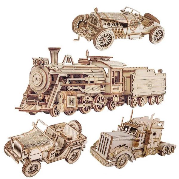 3D Puzzle Movable Steam TrainCarJeep Assembly Toy Gift for Children Adult Wooden Model Building Block KitsM240731