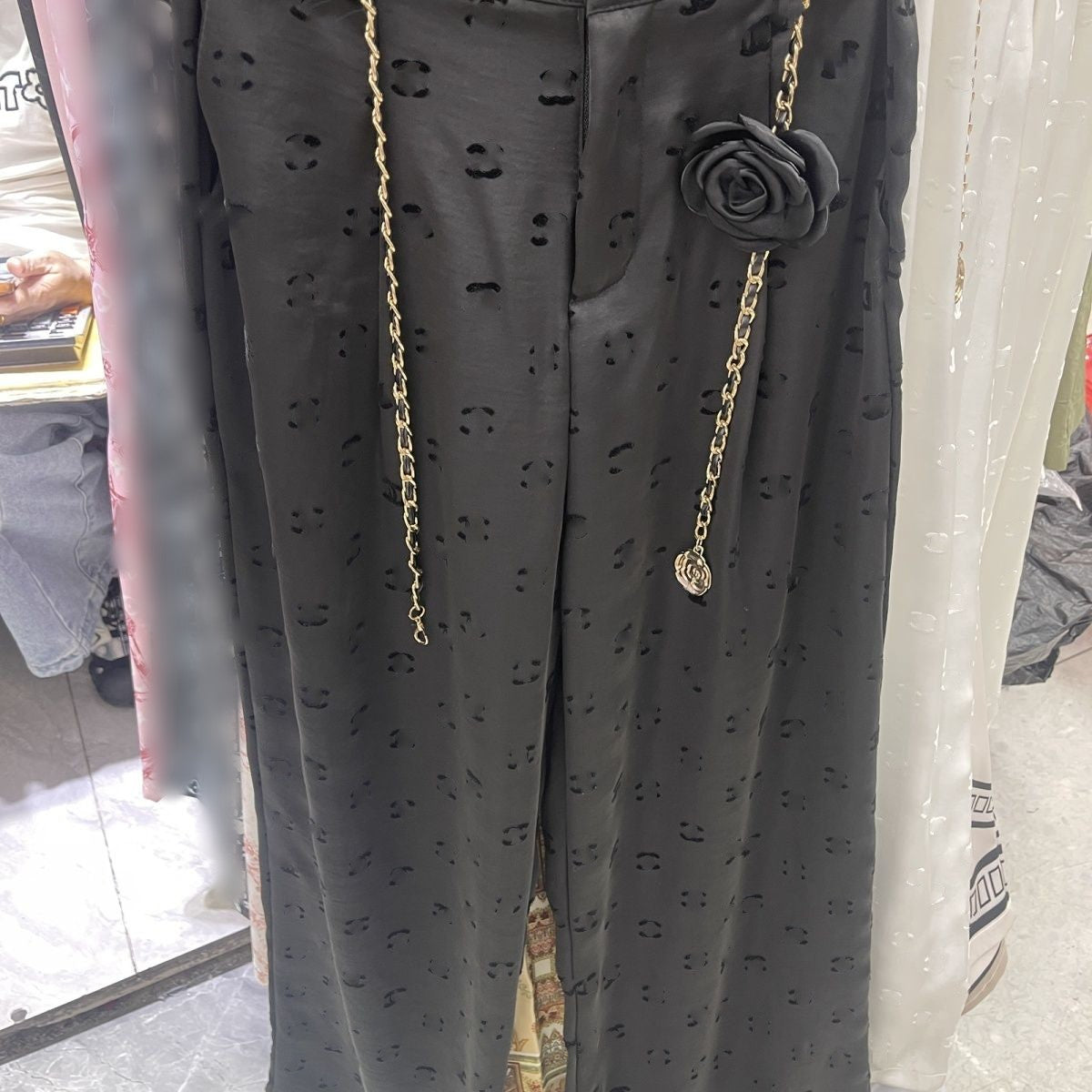 Women&#039;s new fashion satin fabric logo letter jacquard with belt designer pants long trousers SMLXL