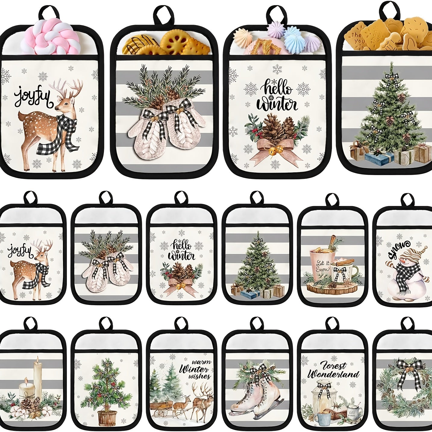 TEMU 12pcs Christmas Pot Holders With Pocket Pot Holders For Kitchen Winter Hot Pads Oven Mitt Cookie Bag Heat Resistant Farmhouse Oven Glove For
