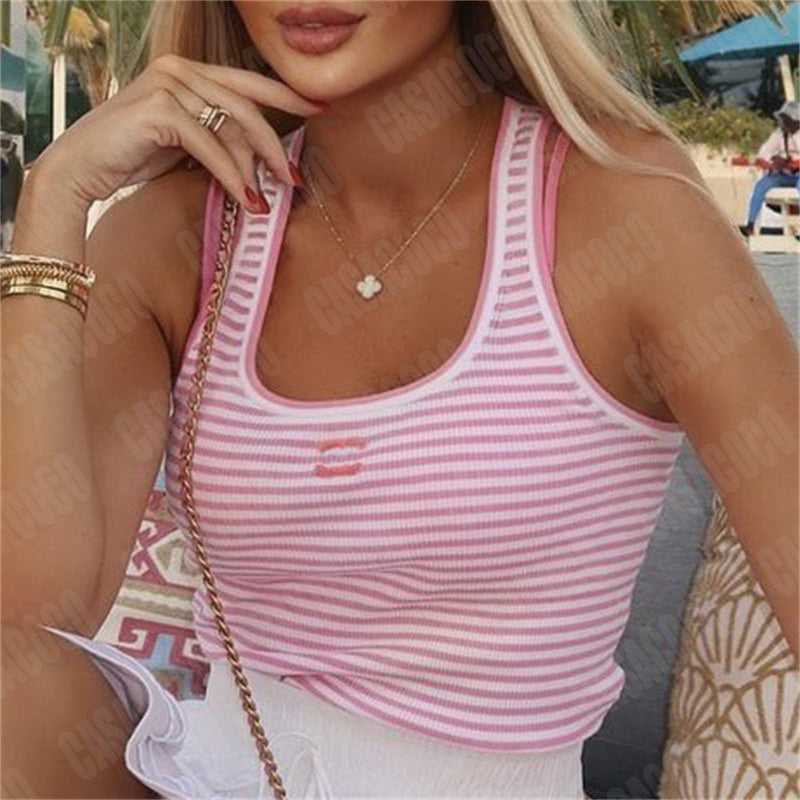 Summer Striped Tanks Underwaist Women Slim Knit Vest Teeshirt Sleeveless Knitted Croptops Woman Designer Clothes Tank Tops T Shirts Singlet