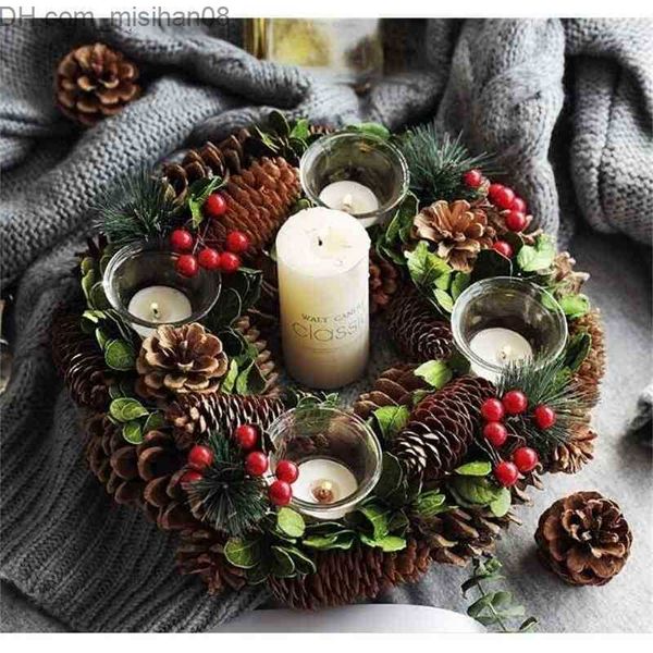 Candle Holders Christmas Candle Holders Pine Cone Berries Woodland Rustic Xmas Decor Table Centerpiece Christmas Wreath with Four CandleHold