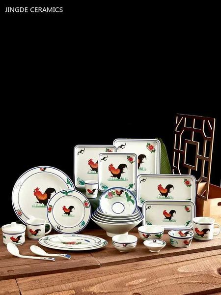 1pc Vintage Cock Pattern Melamine Plate Commercial Thickened Not Easily Broken Plastic Tableware Dinner Set Plates and DishesC241213