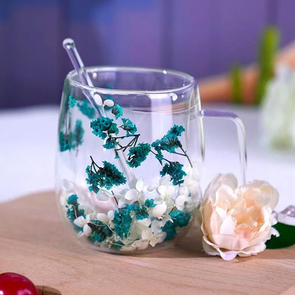 390ml Creative Flower Double Glass Mug Fill Star Dried Flower Milk Coffee Tea Household Cup Supplies Christmas Gifts 250118