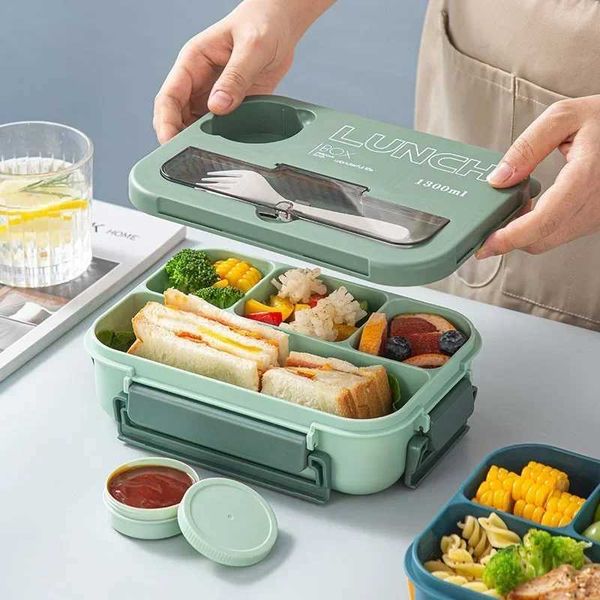 Compartment 1300ML portable lunch box childrens student office bento box microwave food storage container with fork and spoonX240831