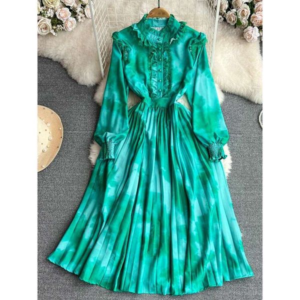 High End Lantern Long Sleeved Stand Up Collar with Ruffled Edges That Wrap Around the Waist for A Slimming Effect. A-line Halo Dye Printed P