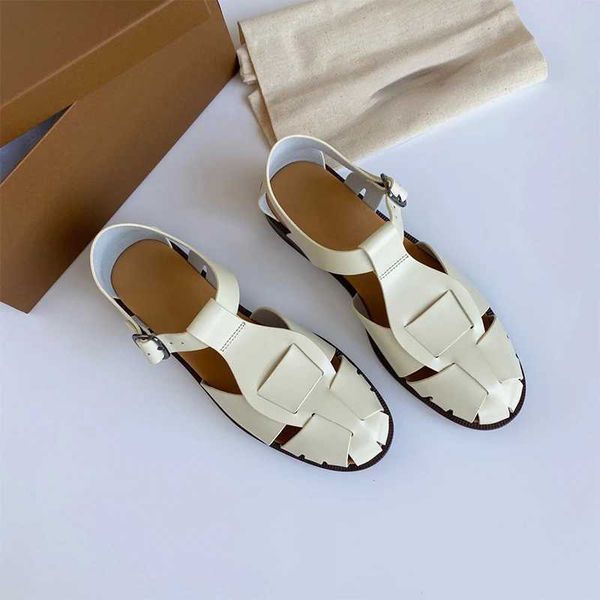 Slippers IOO 2023 New Spain Niche Retro Mary Jane Shoes Female Leather Flat Bottom Sandals Retro Hand-woven Roman Sandals Free ShippingL464