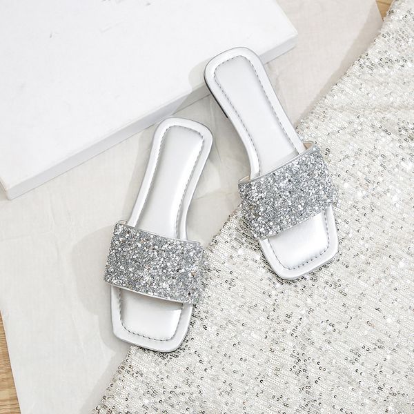 Sequin Sandals for Women Glitter Slides Black White Gold Flat Sole Sparkling for Outdoor Beach Shoes