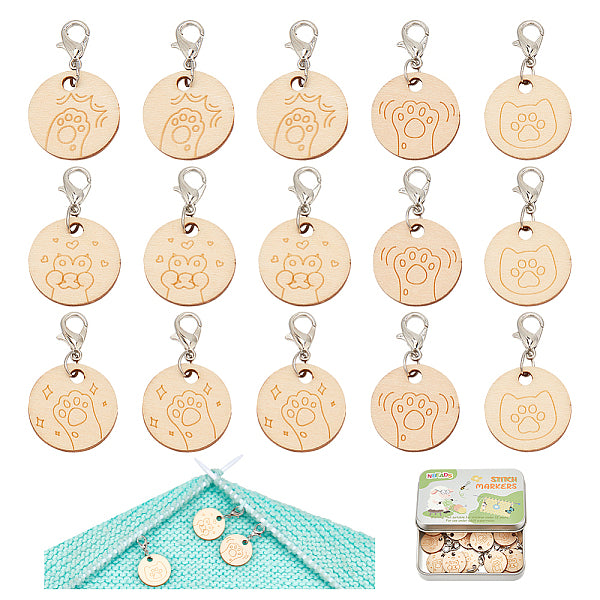 Wood Flat Round with Paw Print Pendant Locking Stitch Markers