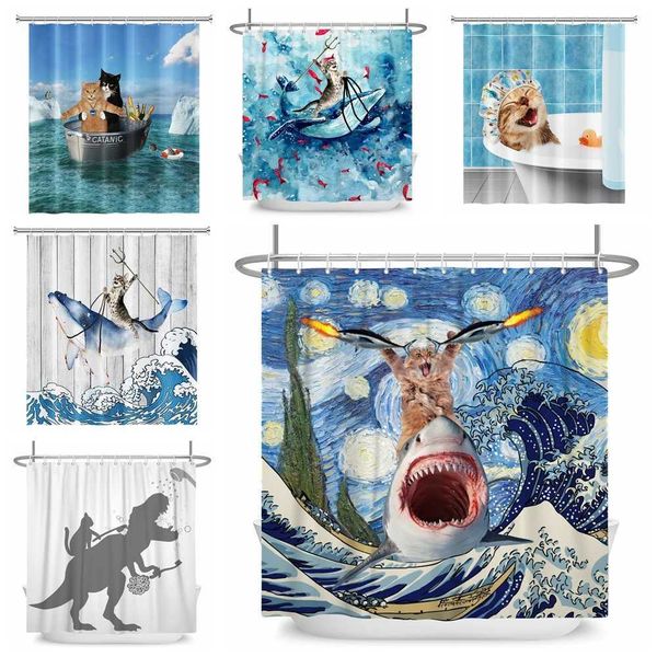 Interesting cat shower curtain with hook decoration waterproof dog 3D bath 180 * 180cm creative personalized shower curtain W240808