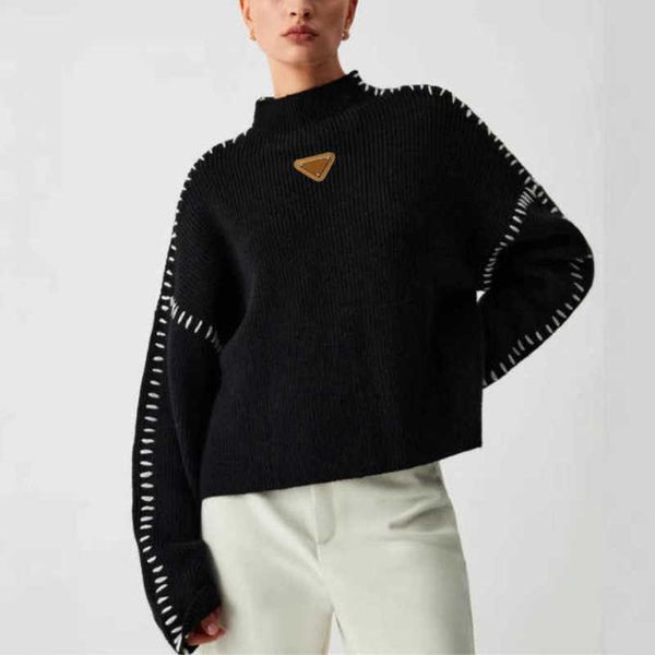 Women&#039;s Sweaters designer brand Color Blocking Patchwork Sweater, Versatile Chic Black Autumn and Winter Outerwear, Round Neck Knit Tre